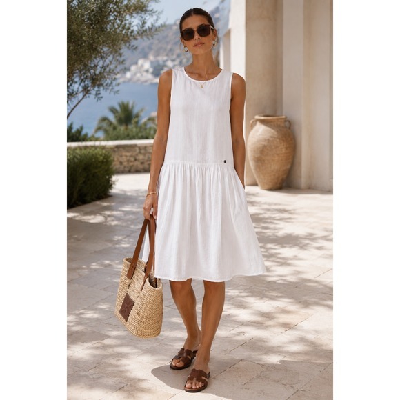 Superdry Dresses & Skirts - Superdry Linen‎ Blend White Drop Waist Dress Sleeveless Minimalist Resort 8 NWT